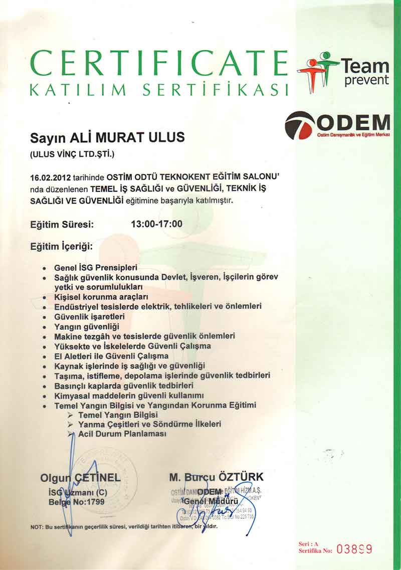 ULUS Vinç iş güvenliği sertifikası