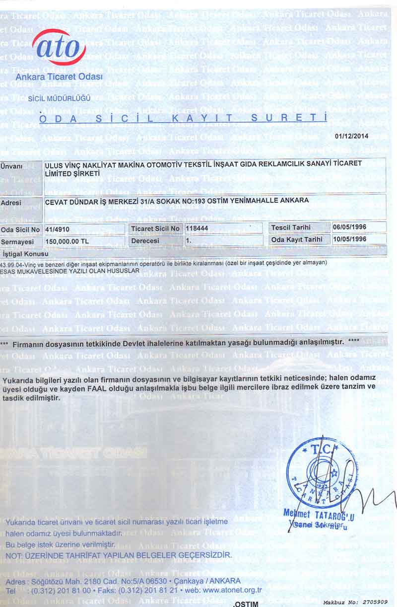 Ankara Ticaret Odası belgesi